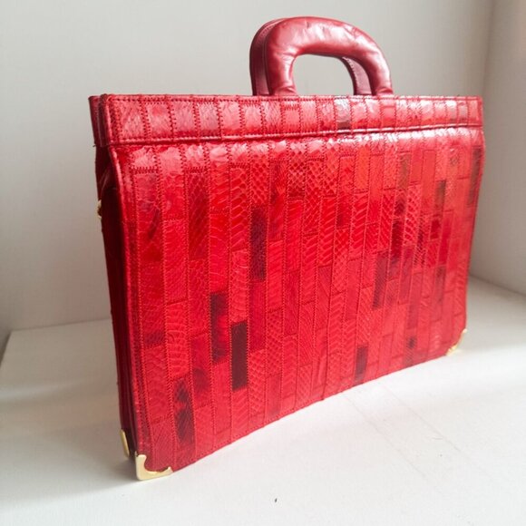 Vintage Amiet Patchwork Snakeskin Bright Red Briefcase Office Document Case - Picture 3 of 8